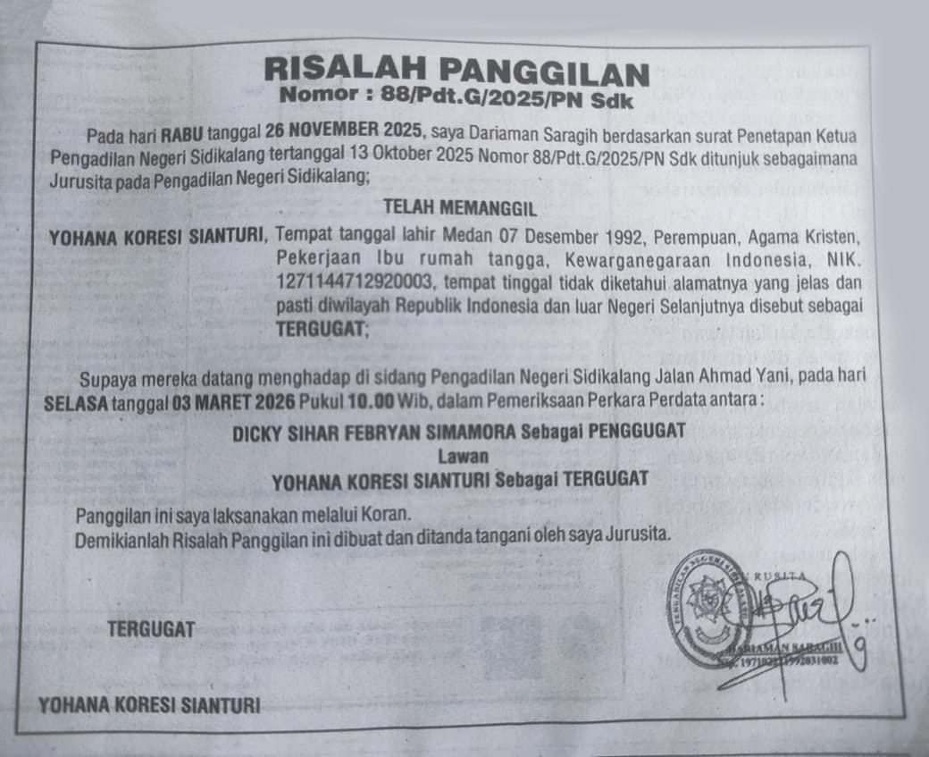 Relaas Panggilan Umum Nomor 88/Pdt.G/2025/PN Sdk 